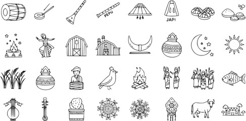 Assamese Bihu Festival Traditional Culture Doodle Line Art Icons Set. Featuring Musical Instruments, Dance, Food, Animals, and Celebration Symbols from Assam, India.