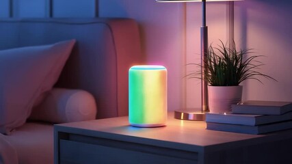 A small cylindrical LED night lamp on a bedside table glows blue and purple in a cozy bedroom. - Powered by Adobe