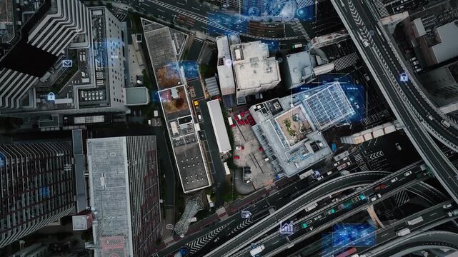 Concept image of modern city and roads taken by drone and digital technology