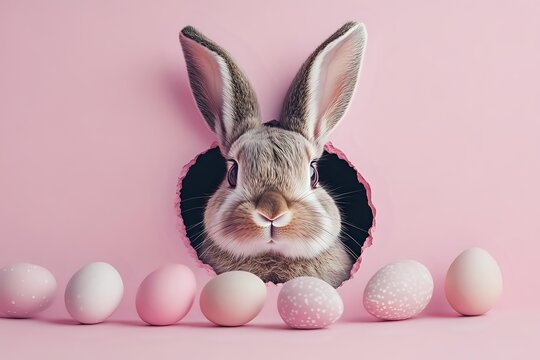 Adorable gray bunny wearing black ruffled collar poses with decorated Easter eggs on pink background, creating festive spring holiday composition. - Powered by Adobe