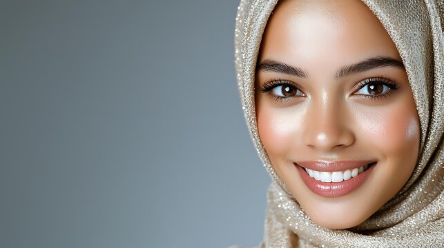 Young woman wearing beige hijab smiling warmly at camera against neutral background, showcasing natural makeup and radiant complexion. Perfect for beauty, fashion and diversity campaigns.