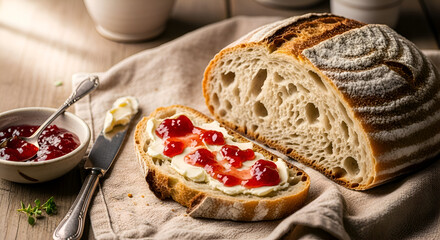 Freshly Baked Bread with Butter and Jam, a Delicious Breakfast or Snack Arrangement.