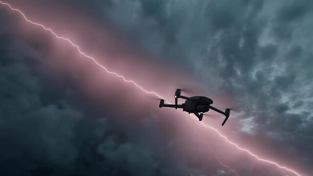A quadcopter drone flying through dark, stormy clouds at dusk.