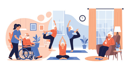 Seniors enjoying a wellness session with yoga and gentle exercise in a community setting.