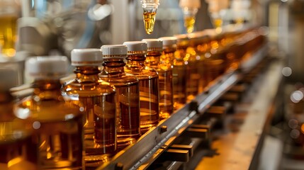 Obraz premium Amber glass bottles on automated production line conveyor belt with liquid filling process in manufacturing facility. Industrial bottling equipment.