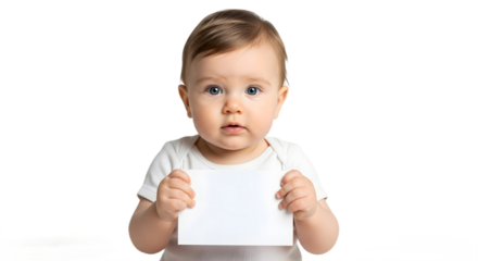 Baby in White Shirt Holding Blank White Card Representing Early Milestone Announcement Newborn Introduction or First Photo Prop, png