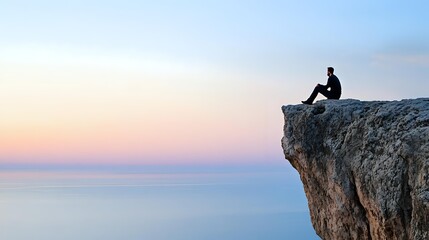 Silhouette of person sitting alone on cliff edge overlooking calm ocean at sunset, peaceful meditation moment against pastel pink and blue sky.