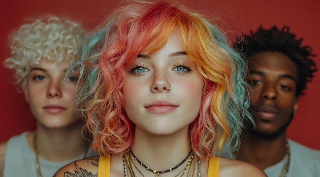 Young diverse group with vibrant multicolored hair poses against red background, featuring rainbow-hued curls, blonde curls, and natural texture in modern portrait.