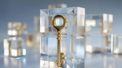 A gold key encased in a clear crystal cube, with several other clear cubes in the softly blurred background. - Powered by Adobe