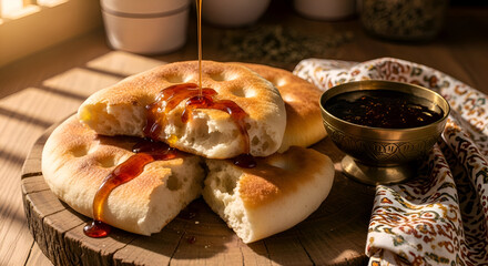 Freshly baked bread with honey and jam, delicious breakfast, wood background, close-up