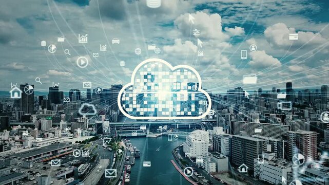 Drone aerial photography of a modern city and cloud network concept image