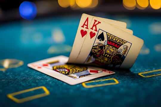 Playing cards showing ace and king combination on green casino table with bokeh lights and shallow depth of field, focused on card details.