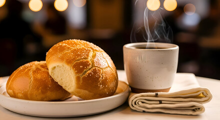 Freshly Baked Breads and Warm Coffee with Steam on a Table with a Napkin and Plate