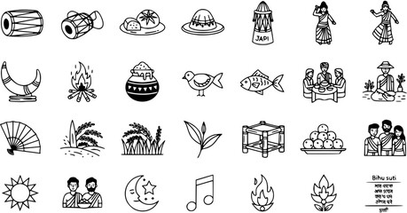Assamese Bihu Festival Doodle Icons. Hand-drawn vector set of traditional elements: drums, Japi, dancers, bonfire, food, and cultural symbols representing Bihu celebration in Assam, India.