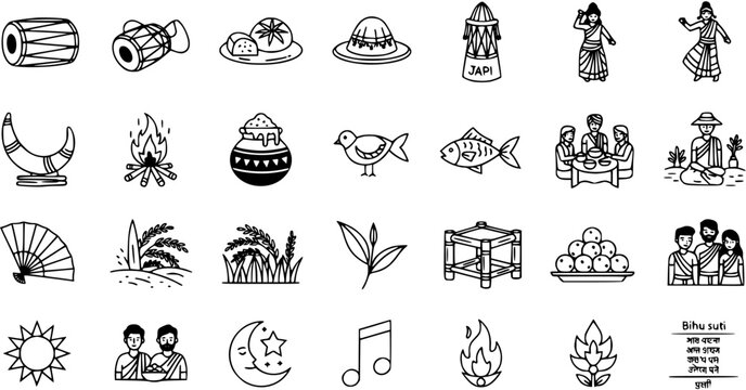 Assamese Bihu Festival Doodle Icons. Hand-drawn vector set of traditional elements: drums, Japi, dancers, bonfire, food, and cultural symbols representing Bihu celebration in Assam, India.