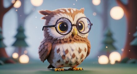 Adorable cartoon owl with glasses in a whimsical winter forest setting so cute