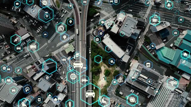 Concept image of modern city and roads taken by drone and digital technology