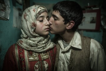 Obraz premium Young couple sharing a tender moment in a cozy, dimly lit room decorated with sentimental items and memories