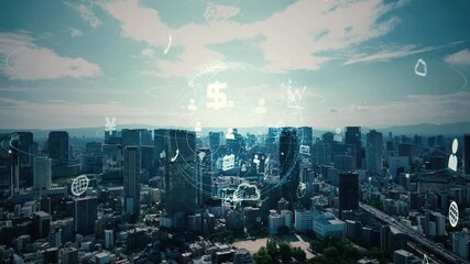 Concept image of aerial drone photography of a modern city and digital network - Powered by Adobe