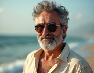 Middle-aged man with salt-and-pepper beard wears sunglasses near ocean. Mature male enjoys sunny day at beach. He smiles. Man has healthy lifestyle on vacation.