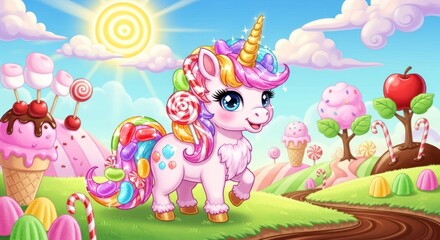 Naklejka premium Cartoon illustration of a magical unicorn in a candy land with colorful sweets and treats scenery