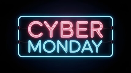 Cyber monday neon sign with pink and blue glowing letters against a black background, representing online shopping and digital sales events