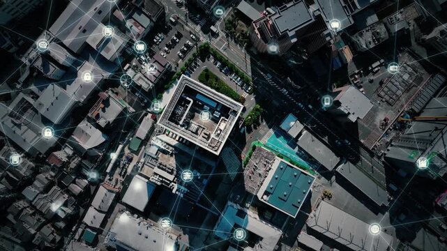 Concept image of a modern city and roads taken by drone with a bird's-eye view and communication network