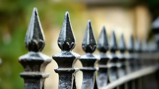Row of ornate black metal fence posts with sharp finials.