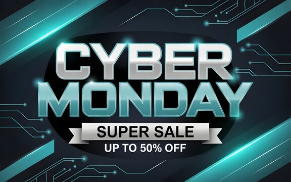 Cyber monday super sale with up to 50 off, featuring futuristic digital design and glowing neon lights
