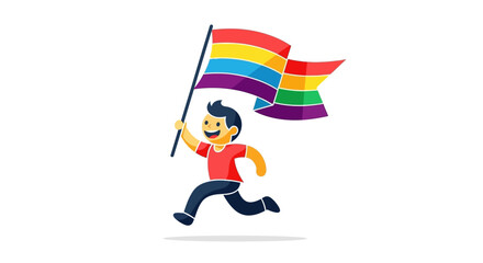 Cartoon boy running with a vibrant rainbow flag symbolizing pride and support for diversity