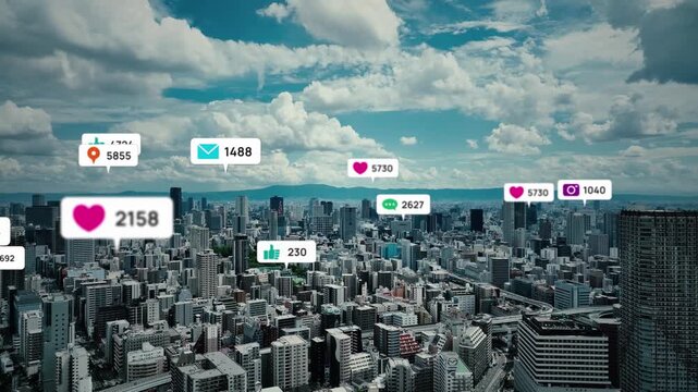 Drone aerial photography of modern city and social media concept image