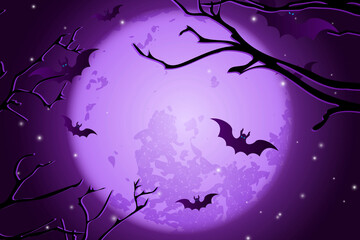 Fototapeta premium Spooky Purple Moonlit Night with Flying Bats