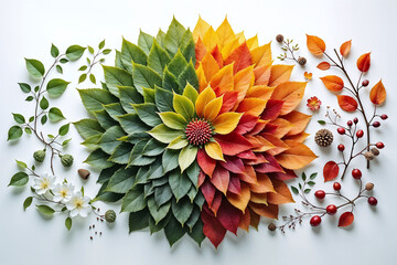 Creative concept of seasonal change with a circular leaf gradient from spring to autumn