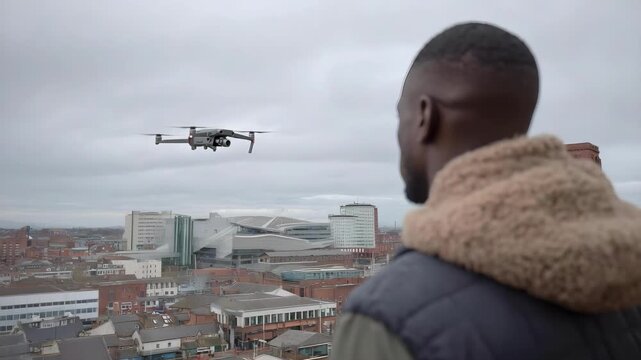 A man on a rooftop watches a quadcopter drone flying over a city skyline.