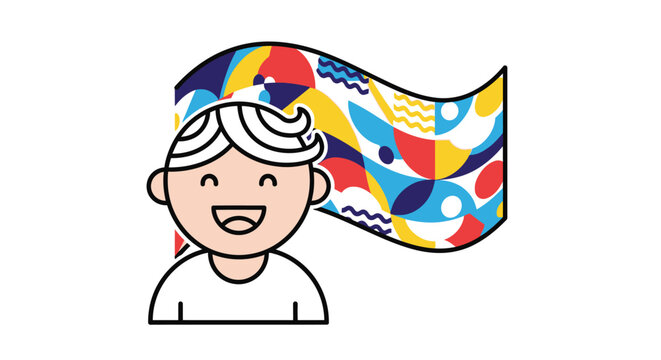 Joyful child with a vibrant geometric flag embodying positivity and youthful spirit full of glee