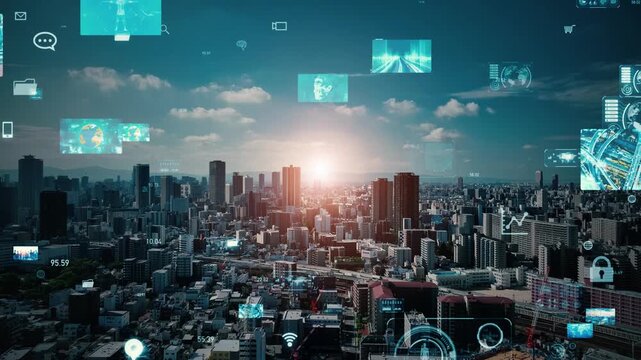 Drone aerial photography of modern city and digital technology concept image