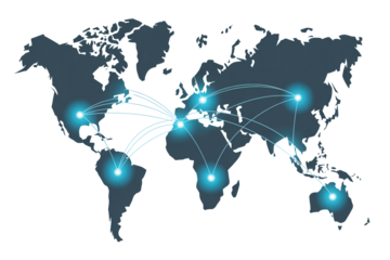 Global network connections map with glowing points and lines