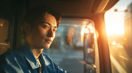 若い男性モデルがトラックの運転手をしている写真