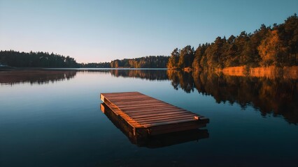 A wooden dock extends into a calm lake at sunset, with golden autumn trees reflecting in the water. Concept Golden hour lakeside, Autumn reflections, Wooden dock at sunset, Calm lake