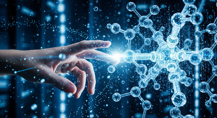 Hand Touching Glowing Molecular Structure with Digital Particles in Futuristic Blue Background