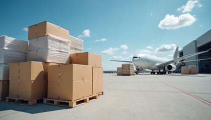 Cardboard boxes loaded on pallets. Airplane at airport ready for air freight. Cargo containers at aerodrome for international shipping. Logistics transportation, delivery. Warehouse loading zone
