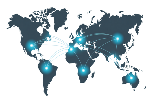 Global network connections map with glowing points and lines