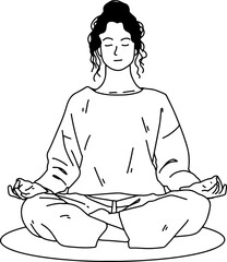 Minimalist line art of a woman sitting cross-legged and meditating. Concept of mindfulness, mental health, yoga, and inner peace