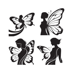 Set of Abstract Woman Silhouette with Butterfly Wings Symbolizing Beauty and Transformation.