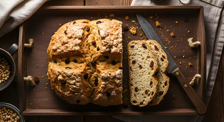 Freshly Baked Irish Soda Bread Loaf Sliced with Raisins and Knife on a Serving Tray