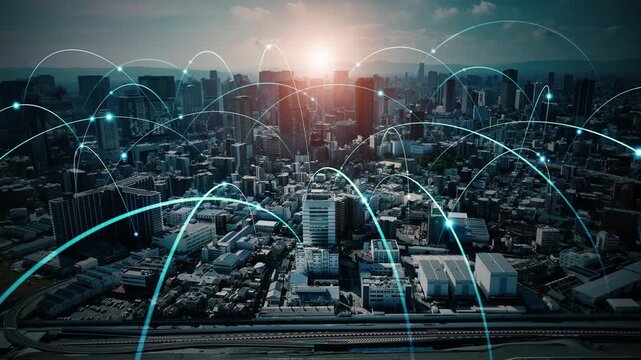 現代都市のドローン空撮と通信ネットワークのコンセプトイメージ