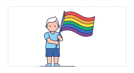 Cartoon character holding rainbow flag embodies diversity, pride, and inclusion symbol