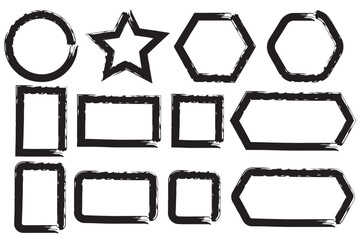 Grunge Vector Frames and Distressed Shapes Set: Hand-Drawn Ink Brush Stroke Borders including Circle, Star, Hexagon, and Rectangle Outlines for Logos, Text Boxes, Vintage Designs, set of vector labels