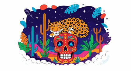Vibrant day of the dead inspired composition with sleeping jaguar and desert flora showcases