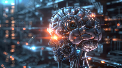 AI glowing brain formed by robotic gears and circuits futuristic illustration  